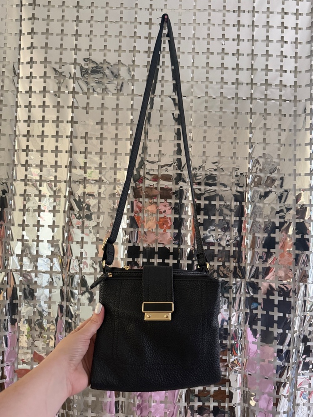 Black Pebbled Crossbody Bag with Gold Hardware